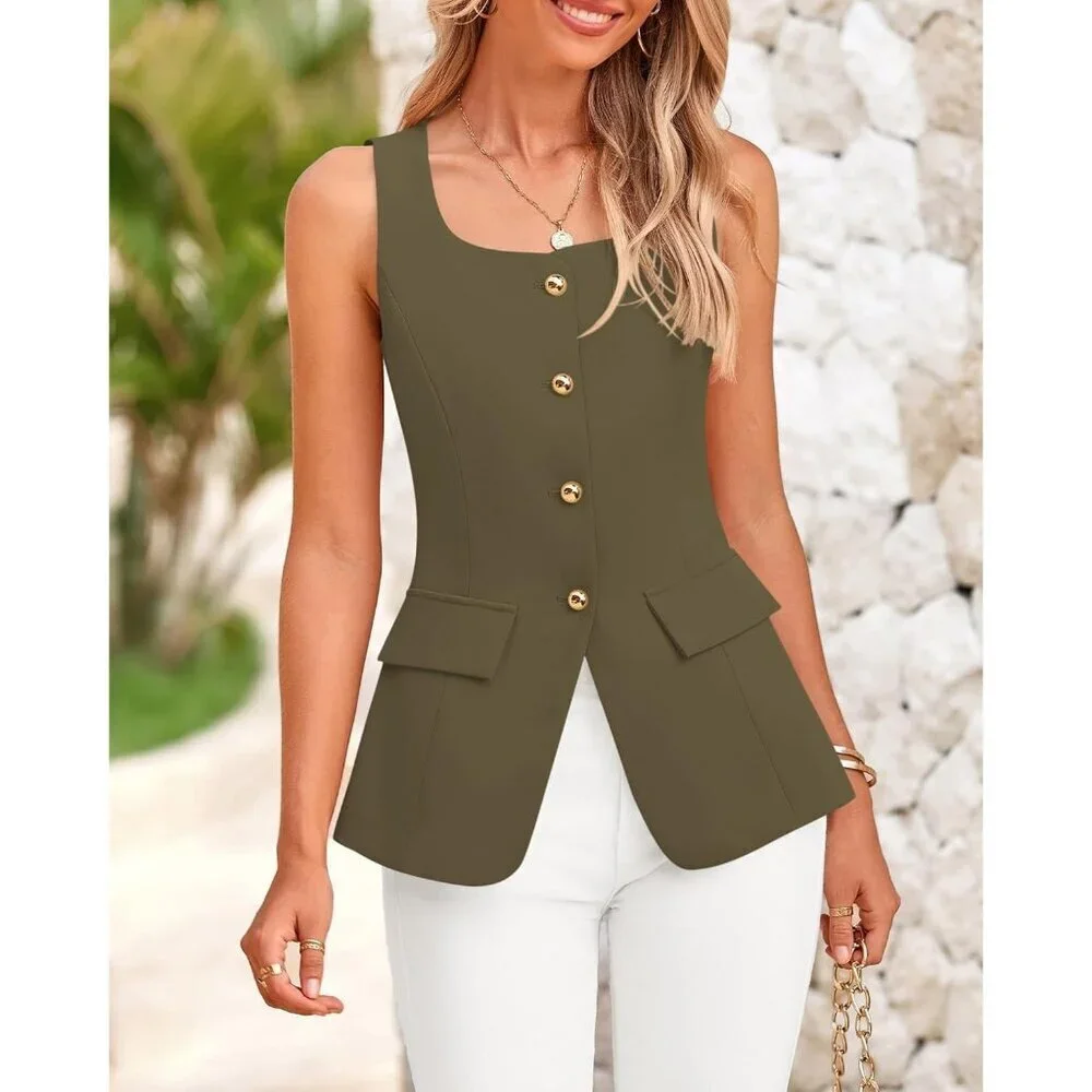 Women's Army Green Sleeveless Suit Vest Dressy Casual Square Neck Business Work